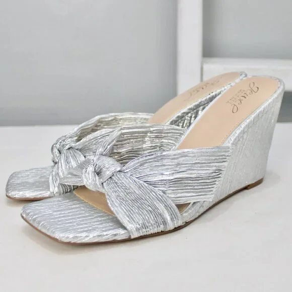 Jewel Badgley Mischka Women's Silver Metallic Hype Knot Wedge Heel Sandal Size 9 - Picture 2 of 9